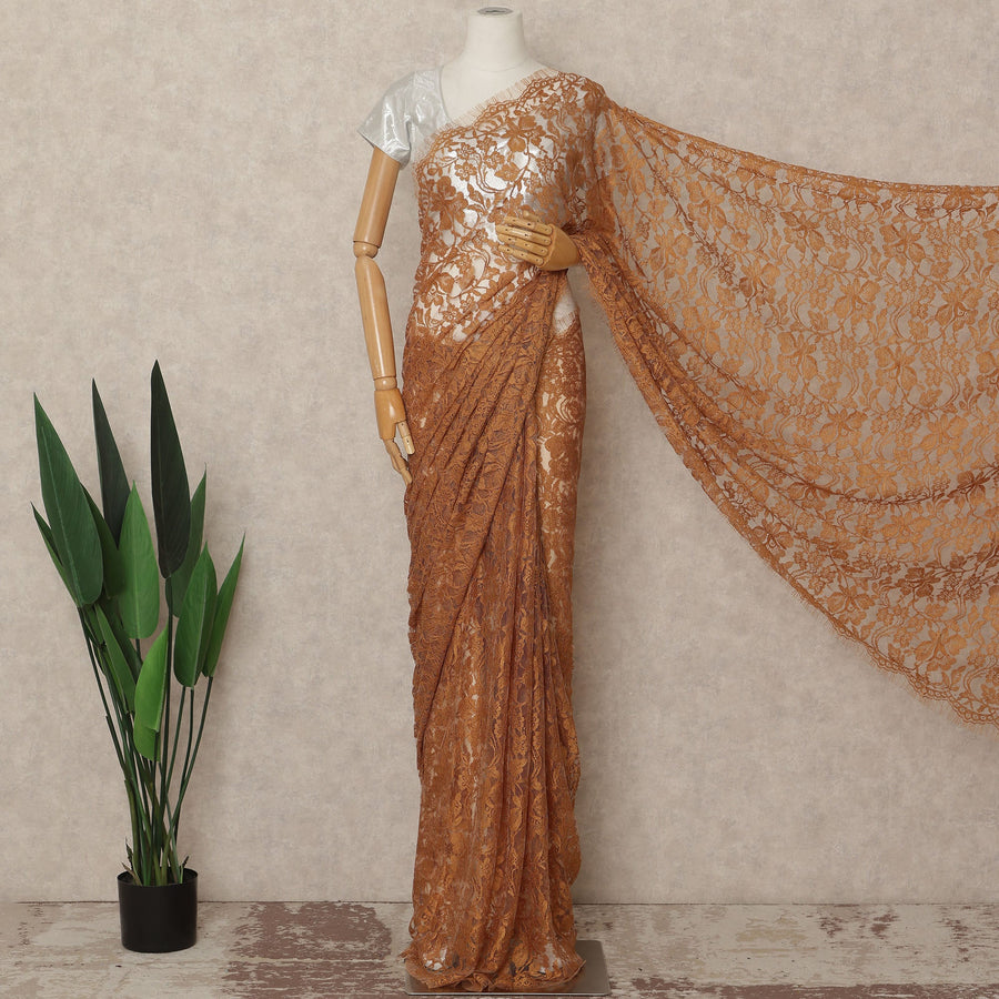 Rust Orange French Chantilly Saree Lace Elegant Floral Net Design 5.5 Mtrs Length 110 Cms Width Premium Soft Sheer Fabric France Origin-D28930 Regal Fabrics