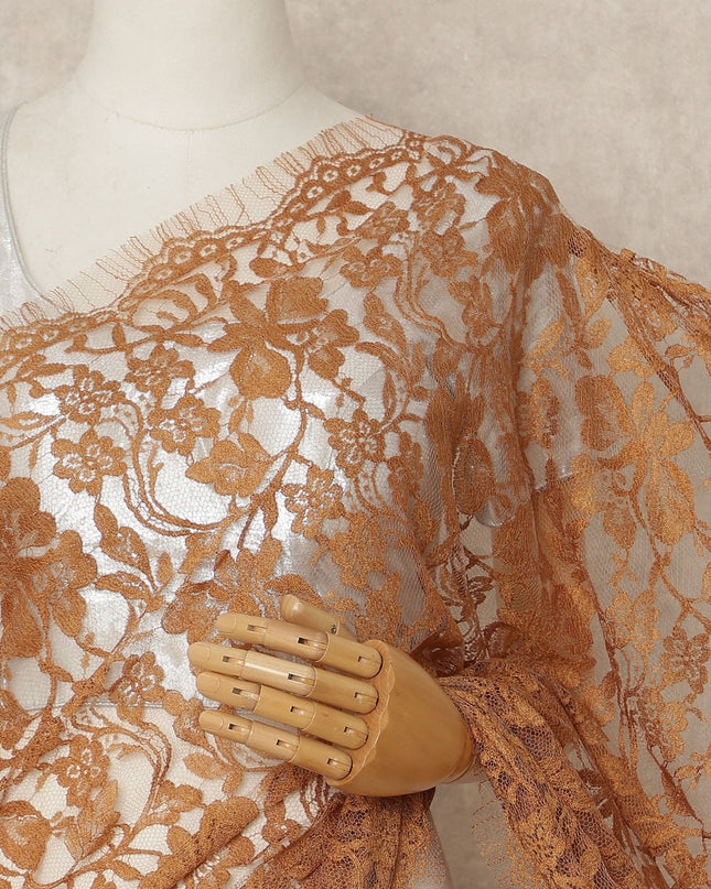 Rust Orange French Chantilly Saree Lace Elegant Floral Net Design 5.5 Mtrs Length 110 Cms Width Premium Soft Sheer Fabric France Origin-D28930 Regal Fabrics