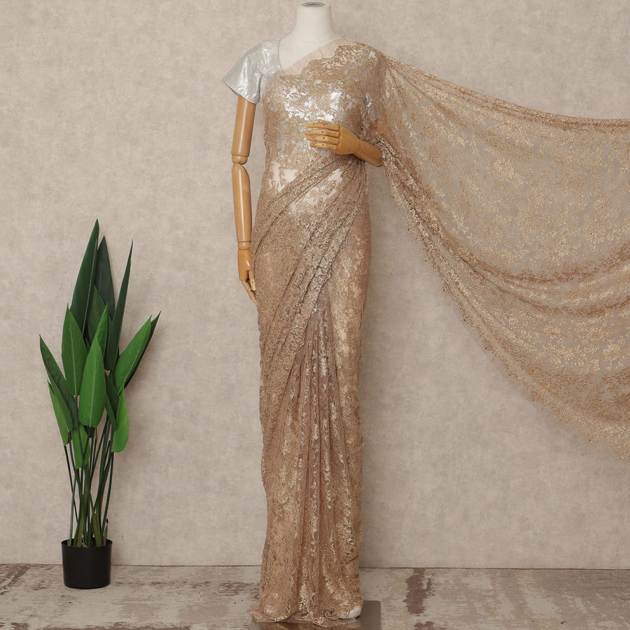 Champagne Rose Gold Premium French 2 Tone Chantilly Saree Lace With Stone Work Fabric 5.5 Meters Length 110 Cms Width Imported From France Elegant Designer Lace Blouse Not Included-D27372
