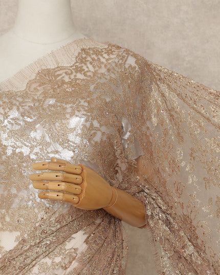 Champagne Rose Gold Premium French 2 Tone Chantilly Saree Lace With Stone Work Fabric 5.5 Meters Length 110 Cms Width Imported From France Elegant Designer Lace Blouse Not Included-D27372