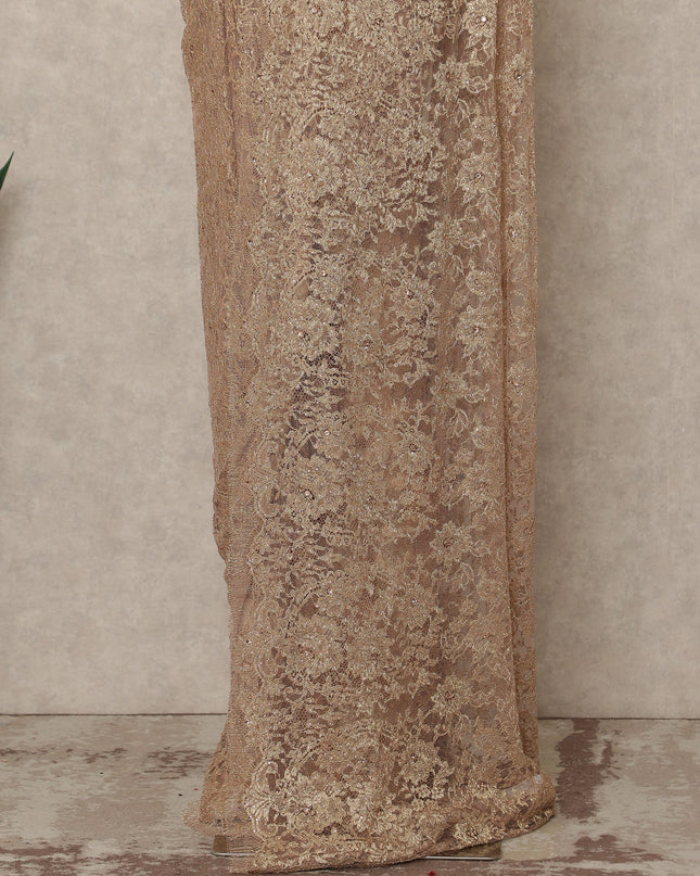 Champagne Rose Gold Premium French 2 Tone Chantilly Saree Lace With Stone Work Fabric 5.5 Meters Length 110 Cms Width Imported From France Elegant Designer Lace Blouse Not Included-D27372