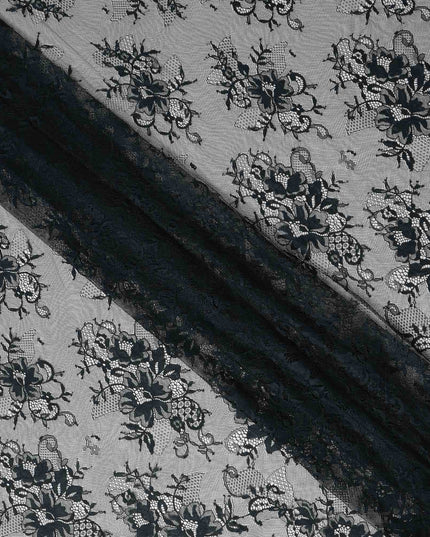 Black Teal Floral Designer Synthetic Lace Fabric 3.0 Mtrs Piece 140 Cms Width China Origin-D28560