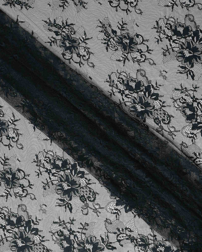 Black Teal Floral Designer Synthetic Lace Fabric 3.0 Mtrs Piece 140 Cms Width China Origin-D28560