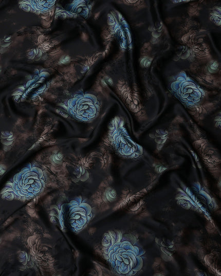 Jet Black Bouquet Floral Silk Crepe Fabric 140cm