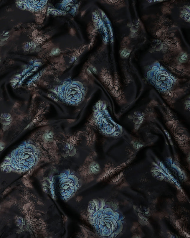 Jet Black Bouquet Floral Silk Crepe Fabric 140cm
