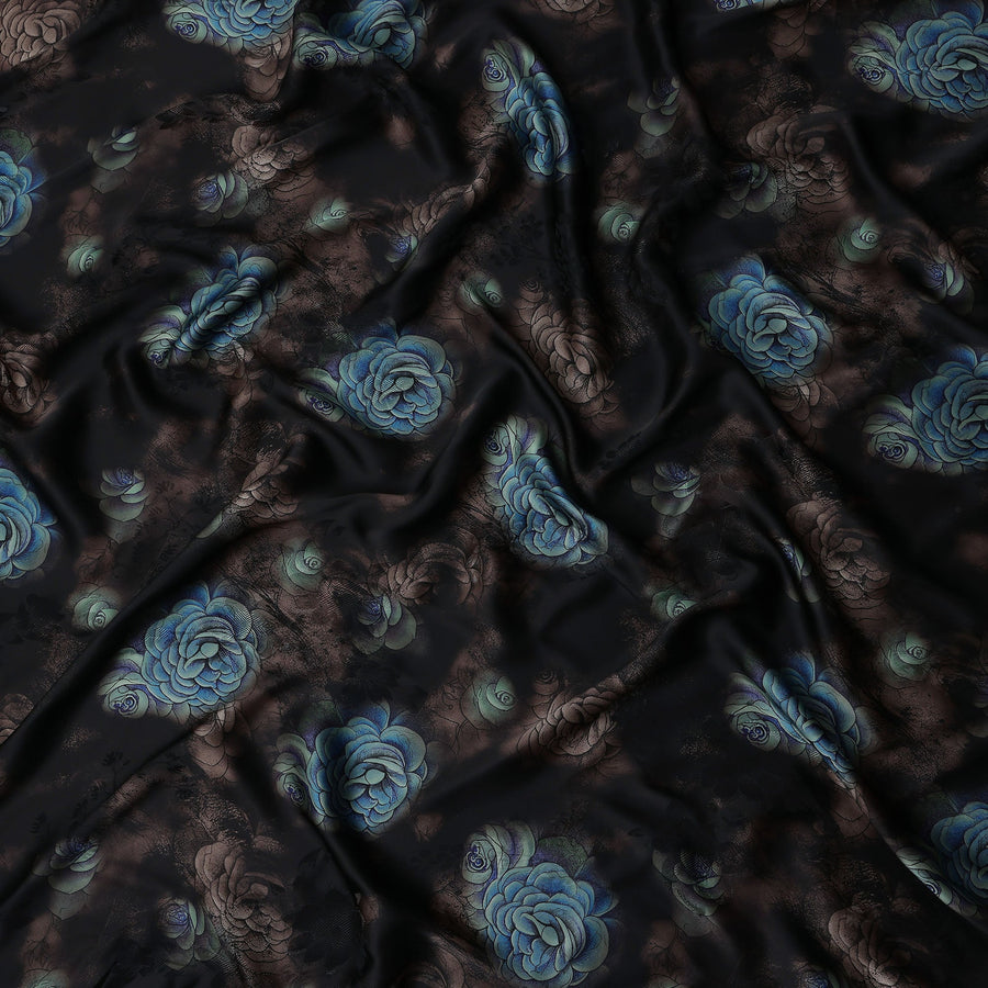 Jet Black Bouquet Floral Silk Crepe Fabric 140cm