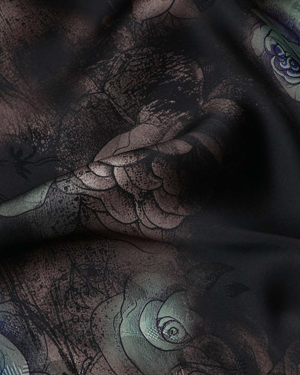 Jet Black Bouquet Floral Silk Crepe Fabric 140cm
