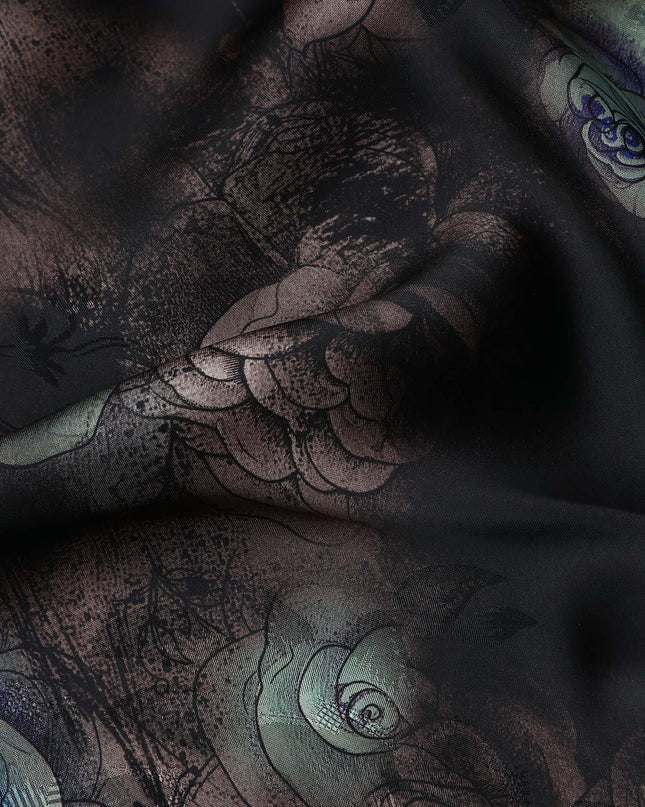 Jet Black Bouquet Floral Silk Crepe Fabric 140cm