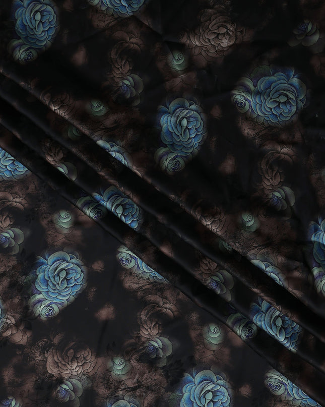 Jet Black Bouquet Floral Silk Crepe Fabric 140cm