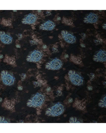 Jet Black Bouquet Floral Silk Crepe Fabric 140cm