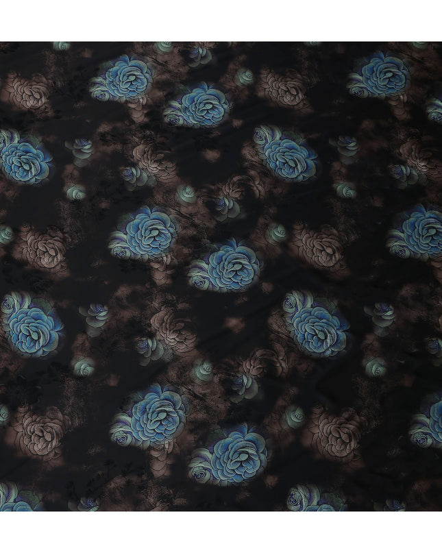 Jet Black Bouquet Floral Silk Crepe Fabric 140cm