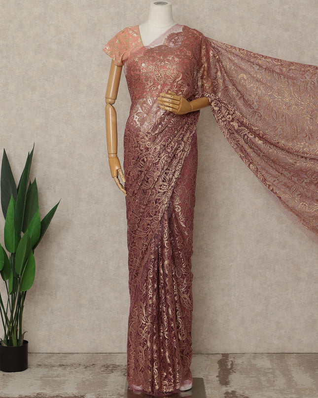Rosewood Premium French Metallic Chantilly Lace Saree, 5.5 Mtrs Length, 110 Cms Width, Crafted in France-Blouse Not Included-D26687