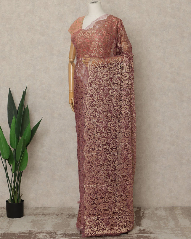 Rosewood Premium French Metallic Chantilly Lace Saree, 5.5 Mtrs Length, 110 Cms Width, Crafted in France-Blouse Not Included-D26687