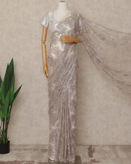 Blush Pink Silver Premium French Metallic Chantilly Saree Lace 5.5 Mtrs Length 110 Cms Width Designer Net Fabric Made In France, Blouse Not Included-D28130