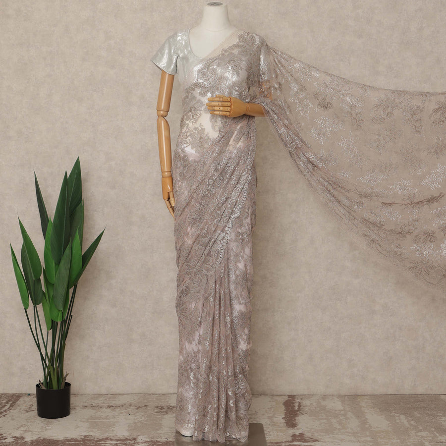 Blush Pink Silver Premium French Metallic Chantilly Saree Lace 5.5 Mtrs Length 110 Cms Width Designer Net Fabric Made In France, Blouse Not Included-D28130