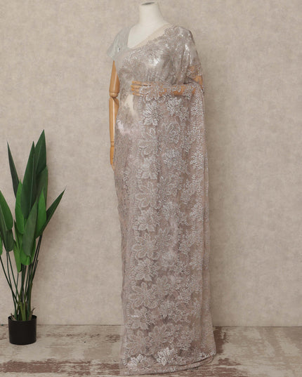 Blush Pink Silver Premium French Metallic Chantilly Saree Lace 5.5 Mtrs Length 110 Cms Width Designer Net Fabric Made In France, Blouse Not Included-D28130