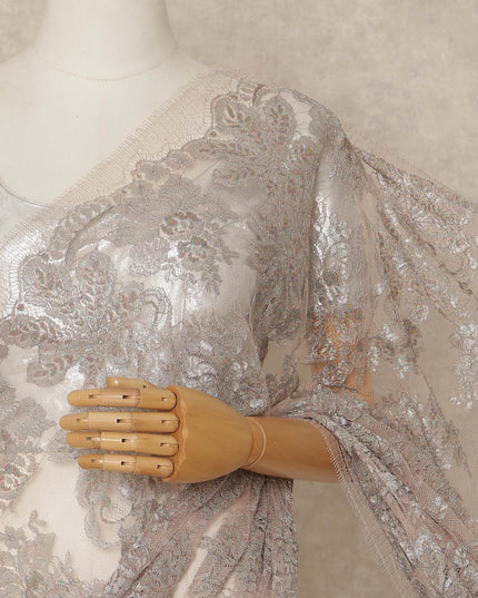Blush Pink Silver Premium French Metallic Chantilly Saree Lace 5.5 Mtrs Length 110 Cms Width Designer Net Fabric Made In France, Blouse Not Included-D28130
