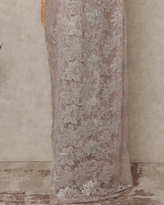 Blush Pink Silver Premium French Metallic Chantilly Saree Lace 5.5 Mtrs Length 110 Cms Width Designer Net Fabric Made In France, Blouse Not Included-D28130