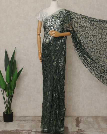 Forest Green Premium French Metallic Chantilly Lace Saree, 5.5 Mtrs Length, 110 Cms Width, Crafted in France-Blouse Not Included-D26690