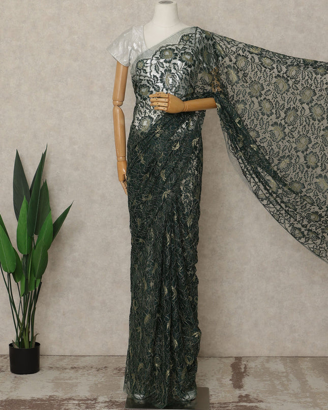 Forest Green Premium French Metallic Chantilly Lace Saree, 5.5 Mtrs Length, 110 Cms Width, Crafted in France-Blouse Not Included-D26690