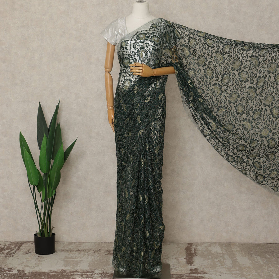 Forest Green Premium French Metallic Chantilly Lace Saree, 5.5 Mtrs Length, 110 Cms Width, Crafted in France-Blouse Not Included-D26690
