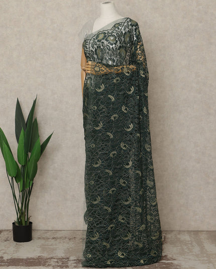 Forest Green Premium French Metallic Chantilly Lace Saree, 5.5 Mtrs Length, 110 Cms Width, Crafted in France-Blouse Not Included-D26690