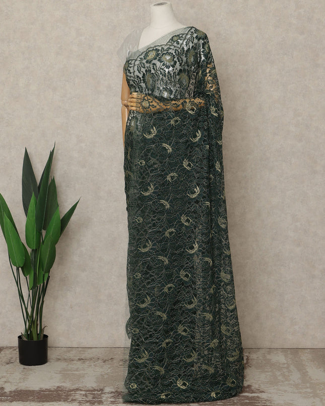 Forest Green Premium French Metallic Chantilly Lace Saree, 5.5 Mtrs Length, 110 Cms Width, Crafted in France-Blouse Not Included-D26690
