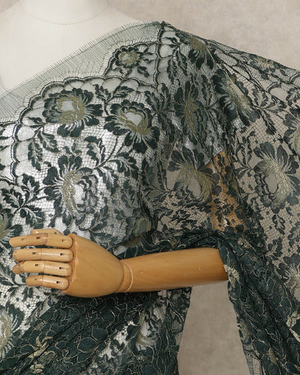 Forest Green Premium French Metallic Chantilly Lace Saree, 5.5 Mtrs Length, 110 Cms Width, Crafted in France-Blouse Not Included-D26690