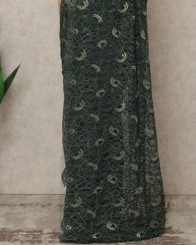 Forest Green Premium French Metallic Chantilly Lace Saree, 5.5 Mtrs Length, 110 Cms Width, Crafted in France-Blouse Not Included-D26690