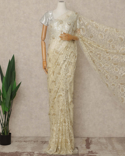 Cream Gold Premium French Metallic Chantilly Saree Lace 5.5 Mtrs Length 110 Cms Width Designer Net Fabric Made In France, Blouse Not Included-D28128