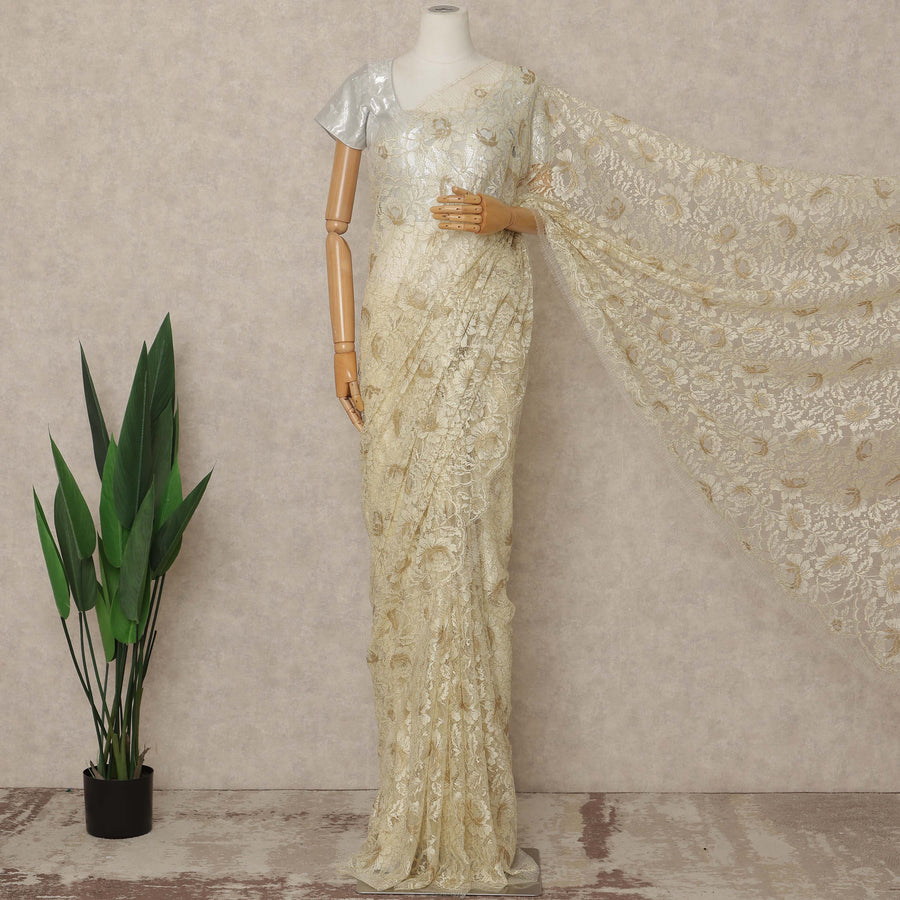 Cream Gold Premium French Metallic Chantilly Saree Lace 5.5 Mtrs Length 110 Cms Width Designer Net Fabric Made In France, Blouse Not Included-D28128