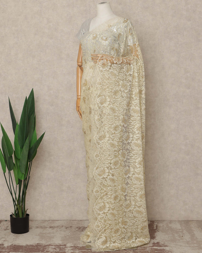 Cream Gold Premium French Metallic Chantilly Saree Lace 5.5 Mtrs Length 110 Cms Width Designer Net Fabric Made In France, Blouse Not Included-D28128
