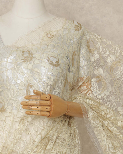 Cream Gold Premium French Metallic Chantilly Saree Lace 5.5 Mtrs Length 110 Cms Width Designer Net Fabric Made In France, Blouse Not Included-D28128