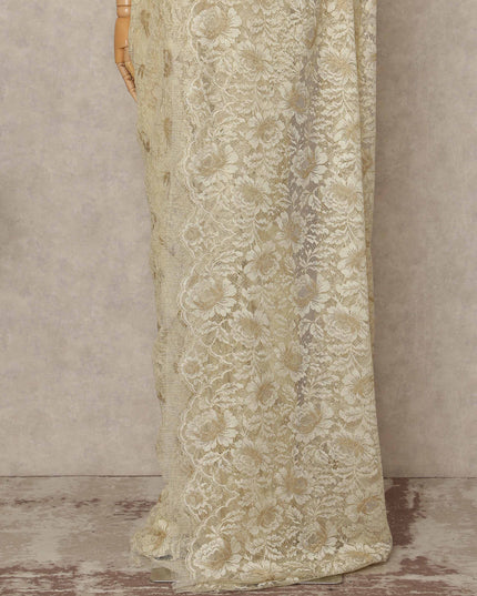 Cream Gold Premium French Metallic Chantilly Saree Lace 5.5 Mtrs Length 110 Cms Width Designer Net Fabric Made In France, Blouse Not Included-D28128