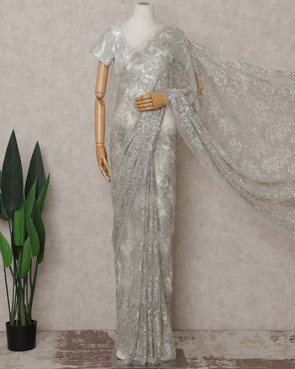 Frosted Silver French Chantilly Lace Saree
