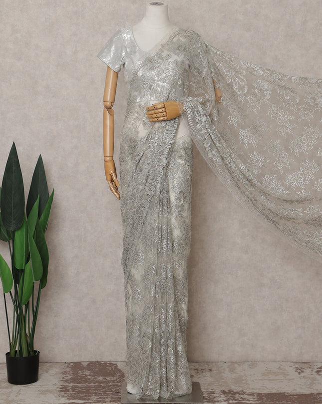 Frosted Silver French Chantilly Lace Saree