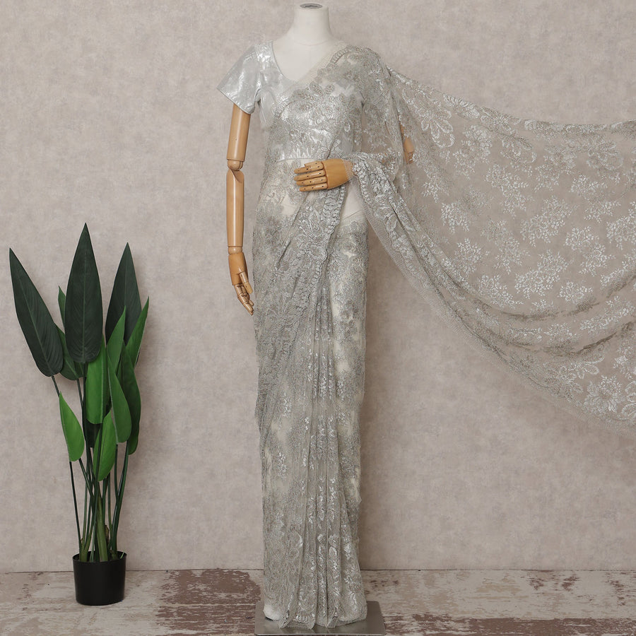 Frosted Silver French Chantilly Lace Saree