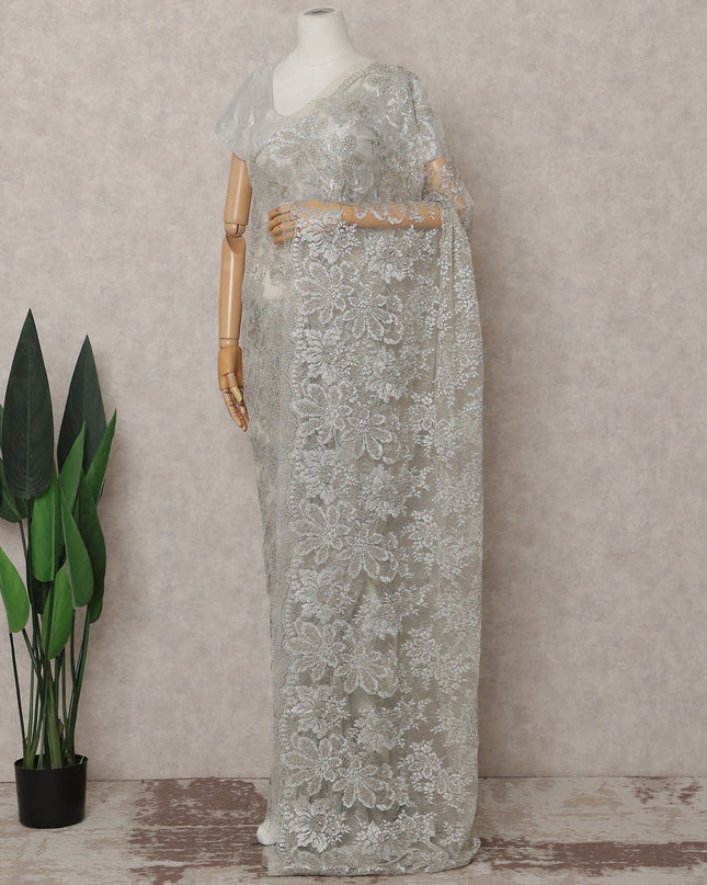 Frosted Silver French Chantilly Lace Saree