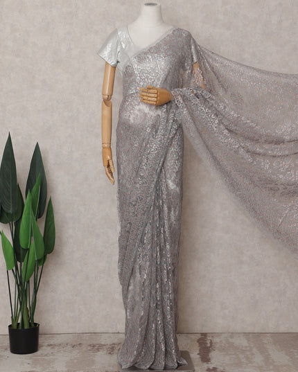 Rose Taupe Grey Chantilly Lace Saree - D31687
