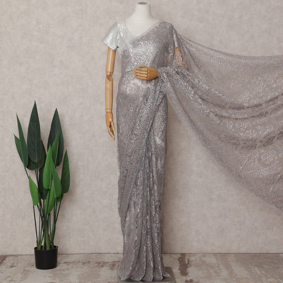 Rose Taupe Grey Chantilly Lace Saree - D31687