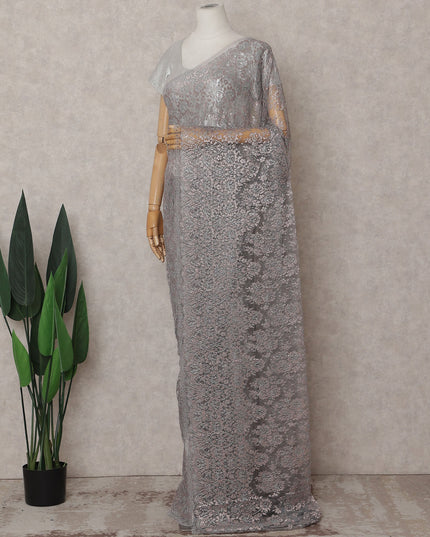 Rose Taupe Grey Chantilly Lace Saree - D31687