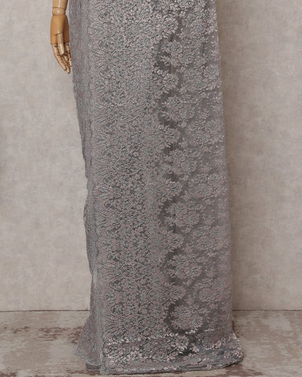 Rose Taupe Grey Chantilly Lace Saree - D31687
