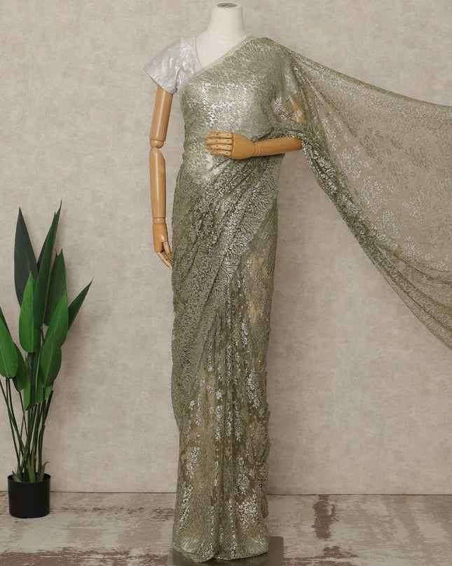 Olive Green Premium French Metallic Chantilly Lace Saree, 5.5 Mtrs Length, 110 Cms Width, Crafted in France-Blouse Not Included-D26691