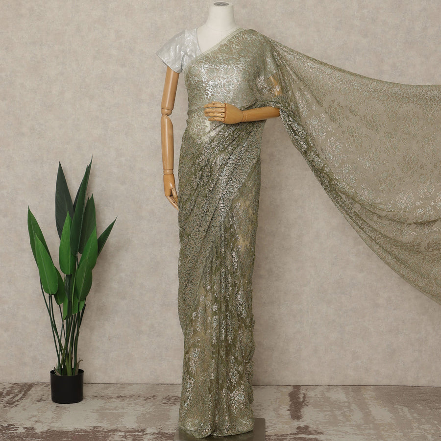 Olive Green Premium French Metallic Chantilly Lace Saree, 5.5 Mtrs Length, 110 Cms Width, Crafted in France-Blouse Not Included-D26691