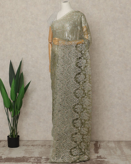 Olive Green Premium French Metallic Chantilly Lace Saree, 5.5 Mtrs Length, 110 Cms Width, Crafted in France-Blouse Not Included-D26691