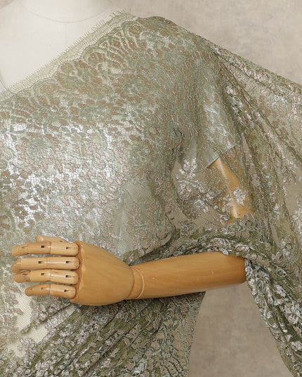Olive Green Premium French Metallic Chantilly Lace Saree, 5.5 Mtrs Length, 110 Cms Width, Crafted in France-Blouse Not Included-D26691