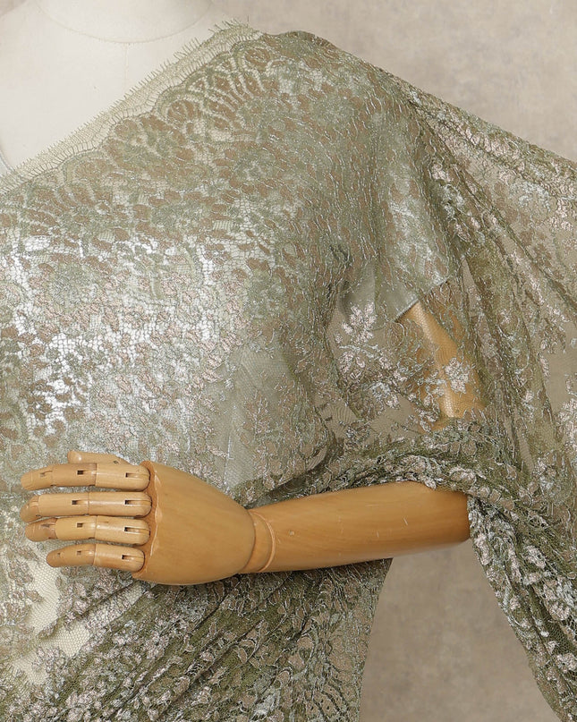 Olive Green Premium French Metallic Chantilly Lace Saree, 5.5 Mtrs Length, 110 Cms Width, Crafted in France-Blouse Not Included-D26691