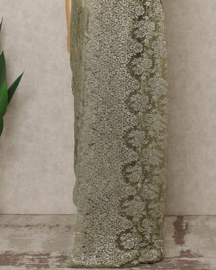 Olive Green Premium French Metallic Chantilly Lace Saree, 5.5 Mtrs Length, 110 Cms Width, Crafted in France-Blouse Not Included-D26691