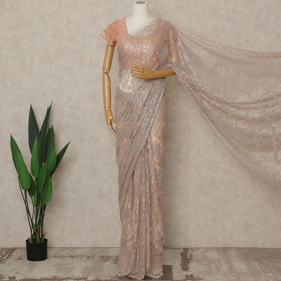 Blush Pink Premium French Metallic Chantilly Lace Saree, 5.5 Mtrs Length, 110 Cms Width, Crafted in France-Blouse Not Included-D26688