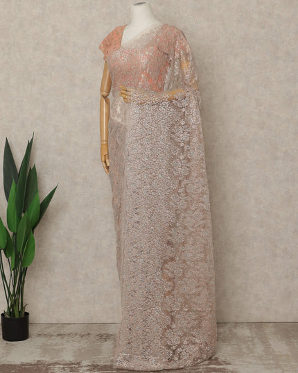 Blush Pink Premium French Metallic Chantilly Lace Saree, 5.5 Mtrs Length, 110 Cms Width, Crafted in France-Blouse Not Included-D26688